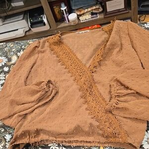 ❤️10/$40 Nwot Women's Brown Lace Trim Blouse
